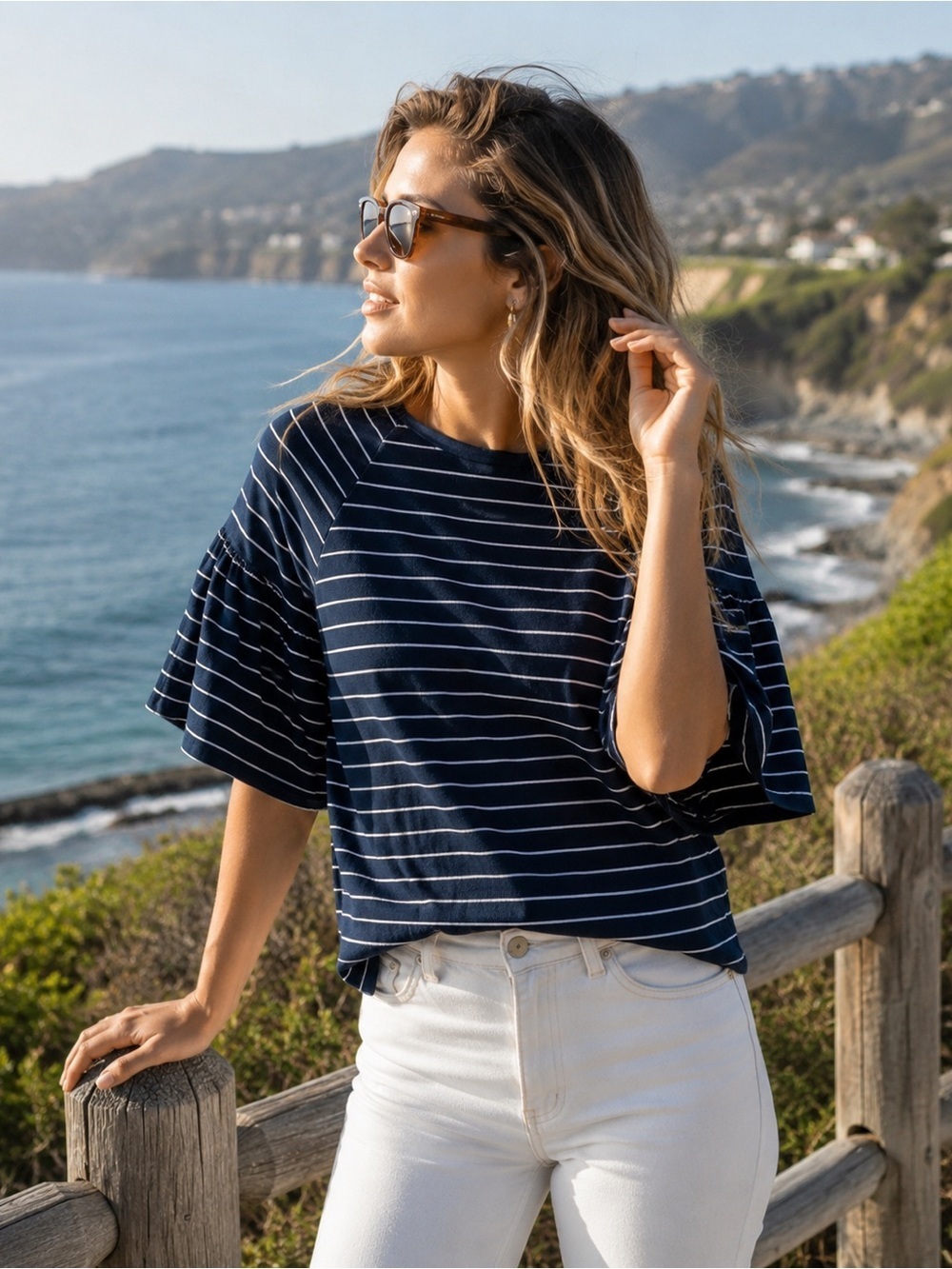 Chaps Navy Blue White Striped 3/4 Bell Sleeve Tee Cotton Modal Soft Casual Shirt